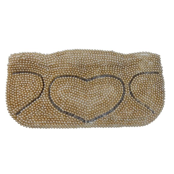 Vintage Beaded Evening Clutch Purse Heart Design Mirror Outside Pocket Japan - Picture 1 of 8